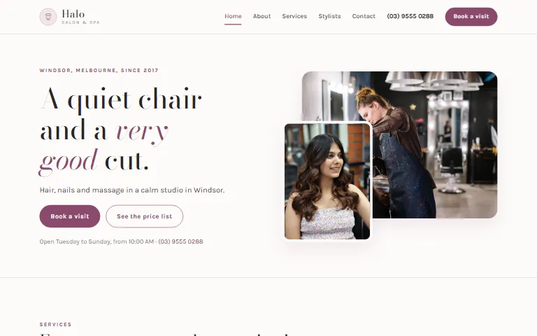 A starting website design for a salon