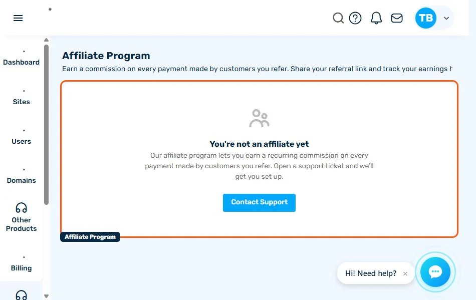 Affiliate Program page showing the not-yet-an-affiliate state with a Contact Support button