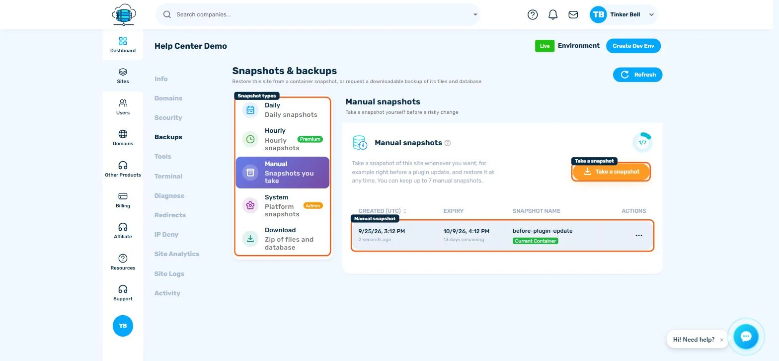 Backups tab showing Daily, Hourly, Manual, System, and Download snapshot categories with the Daily snapshots list