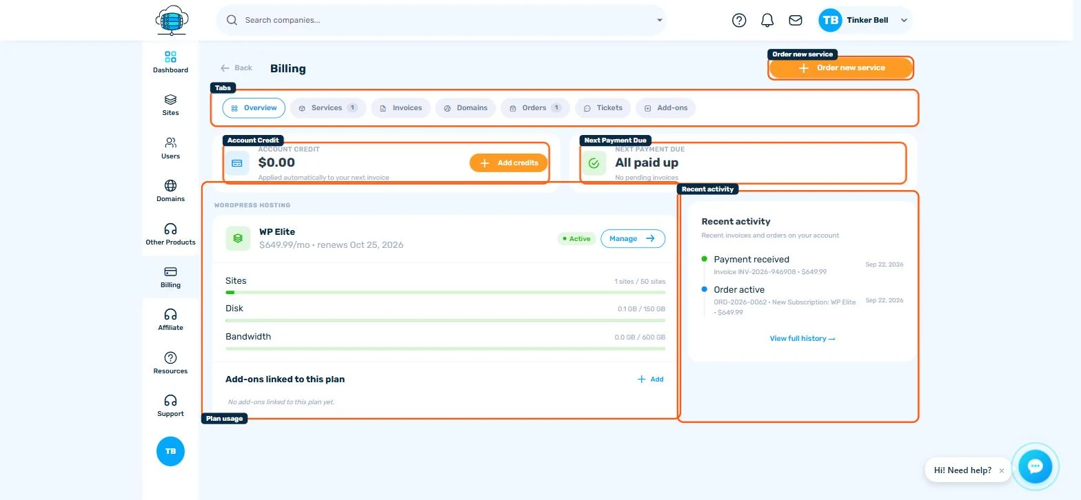 Billing overview page showing account credit, next payment due, an overdue invoices alert, plan usage bars, and recent activity feed