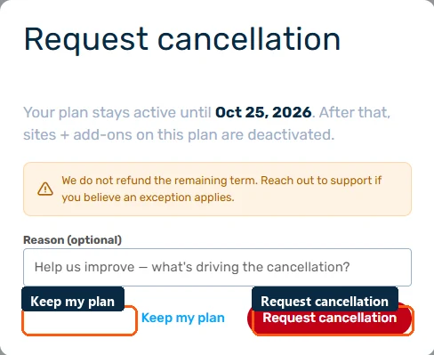 Request cancellation confirmation dialog with Keep my plan and Request cancellation buttons