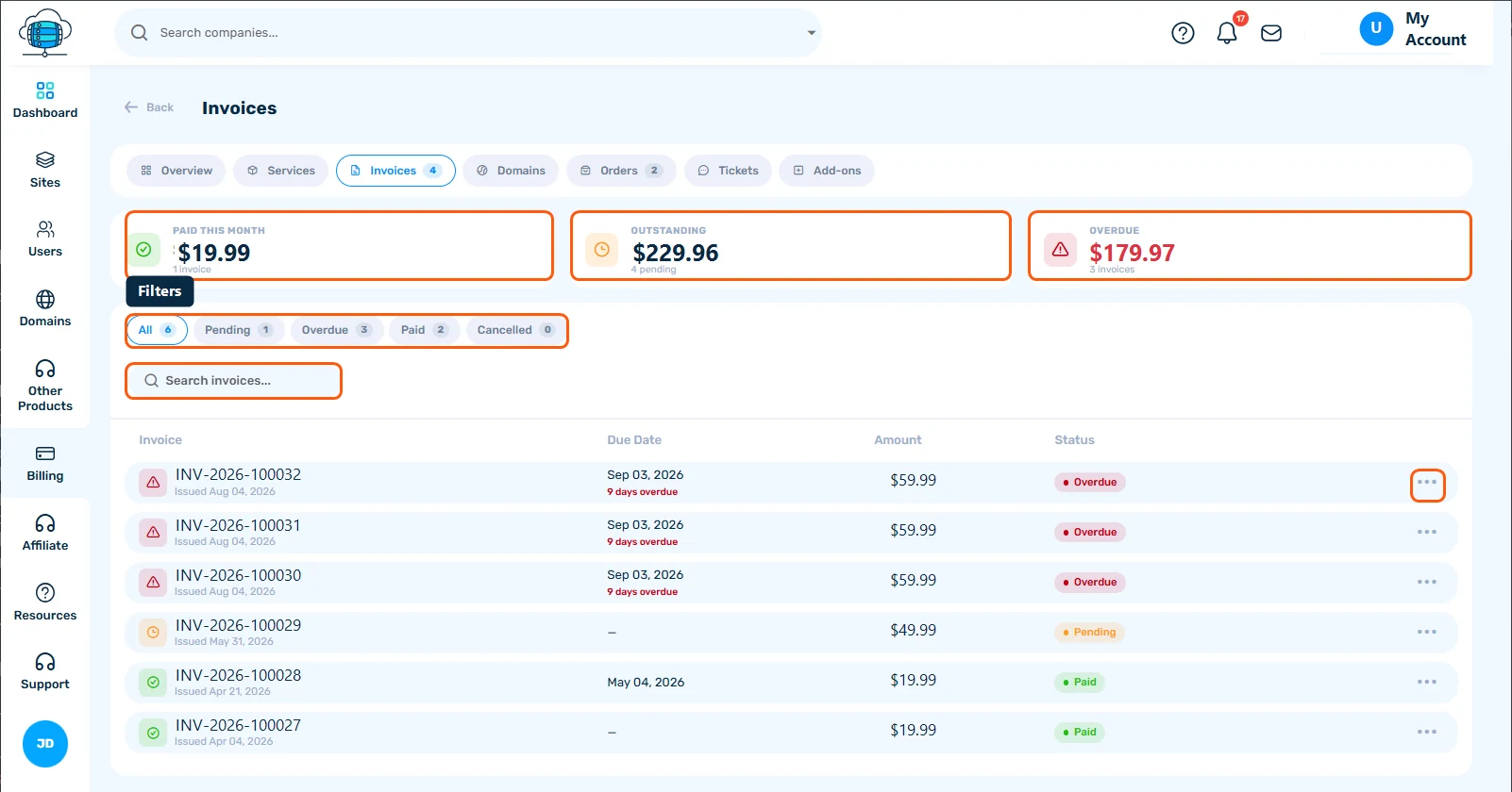 Invoices tab showing paid, outstanding, and overdue summary cards plus a filterable invoice list with statuses
