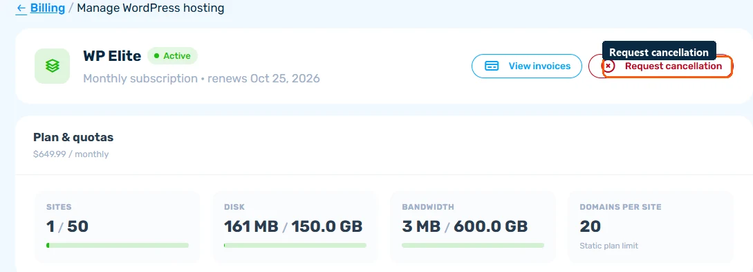 Manage service page for a WordPress hosting plan with the Request cancellation button highlighted