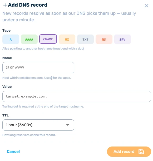 Add DNS record form with CNAME type selected, name and value fields, and a TTL dropdown