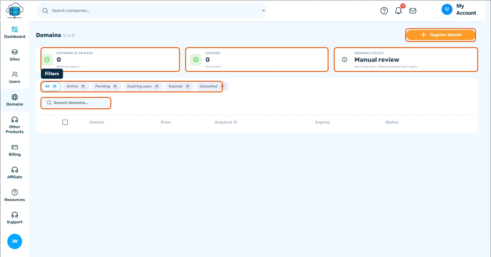 Account-wide Domains page showing expiring-soon and expired counters, renewal policy, and a filterable domain list
