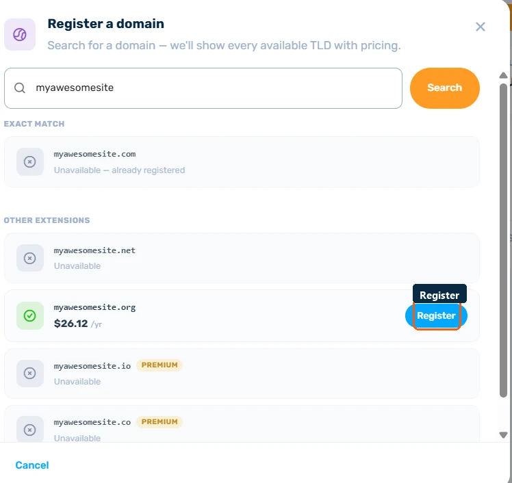 Register a domain search results showing an exact match and available extensions with pricing and a Register button