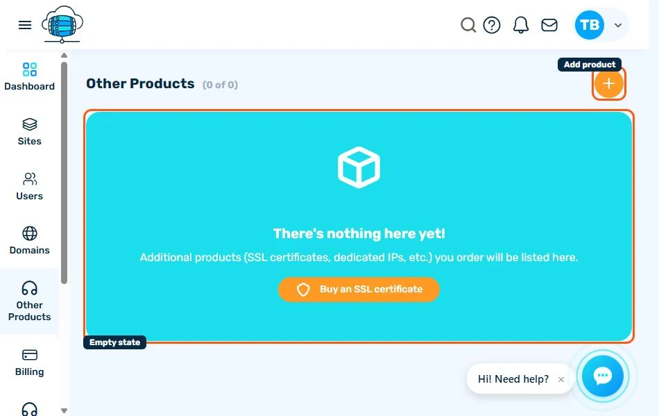 Other Products page in its empty state with a Buy an SSL certificate shortcut and an Add product button