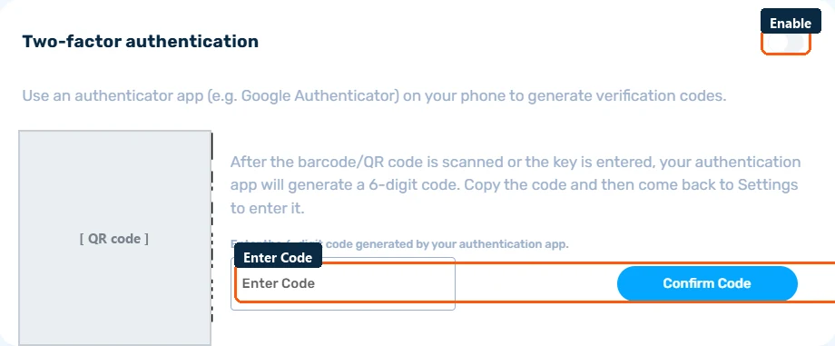 Two-factor authentication setup screen with a QR code to scan and a field to enter the 6-digit verification code