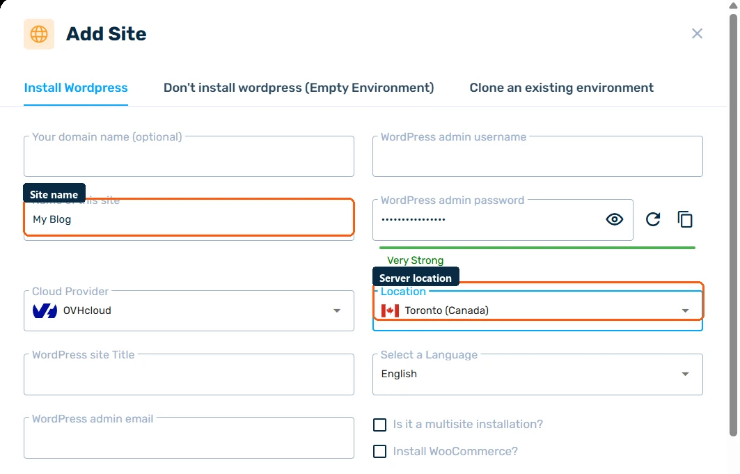 Add Site form with the site name field and server location dropdown highlighted