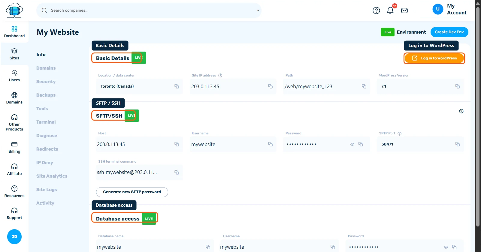 Site Info tab showing the WordPress admin URL, one-click login button, and SFTP/database credentials