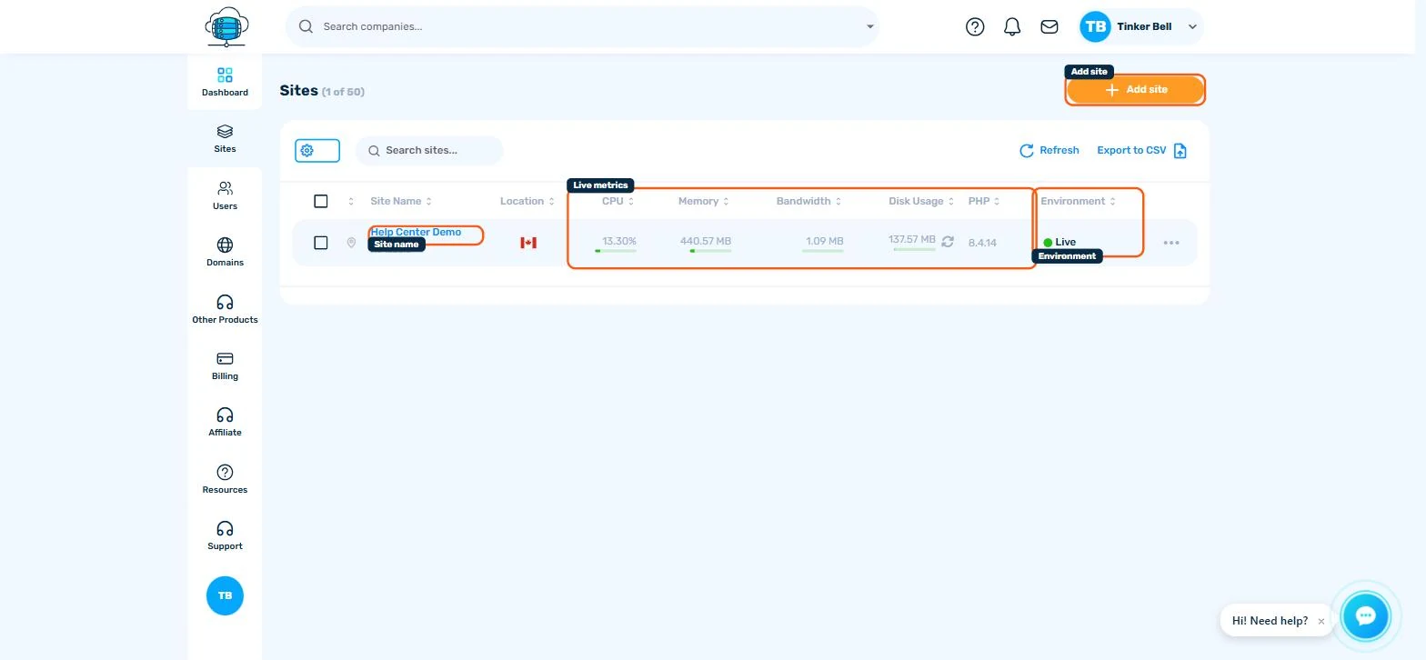 Sites page with the Add site button highlighted in the top-right corner