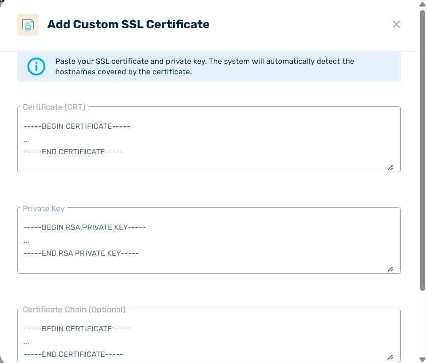 Add Custom SSL Certificate modal with fields for the certificate, private key, and optional certificate chain