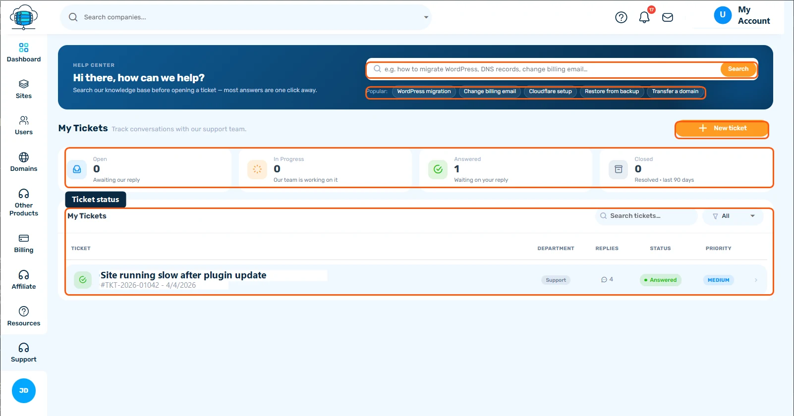 Support page showing the Support Hub search bar, ticket status summary cards, and a ticket in the My Tickets list