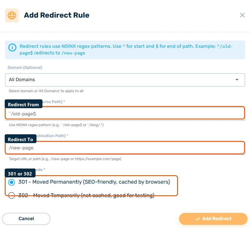 Add Redirect Rule form with the source path, destination path, and 301/302 status code fields highlighted