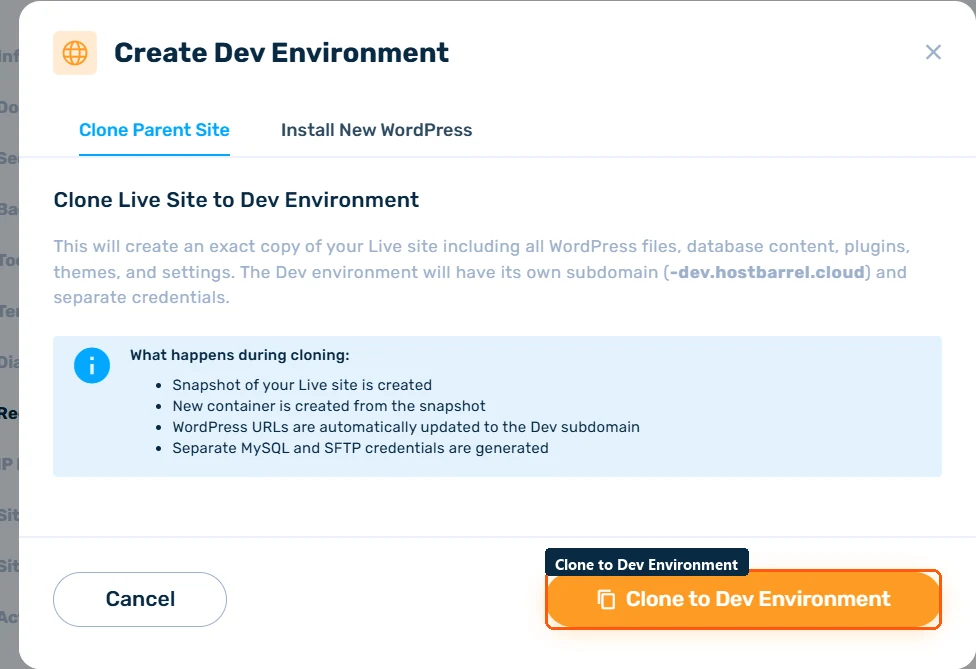 Create Dev Environment modal explaining what happens when cloning a Live site, with the Clone to Dev Environment button highlighted