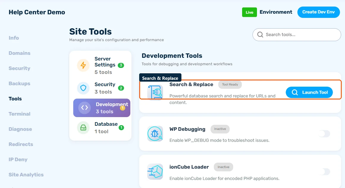 Tools tab Development category showing Search & Replace, WP Debugging, and ionCube Loader cards