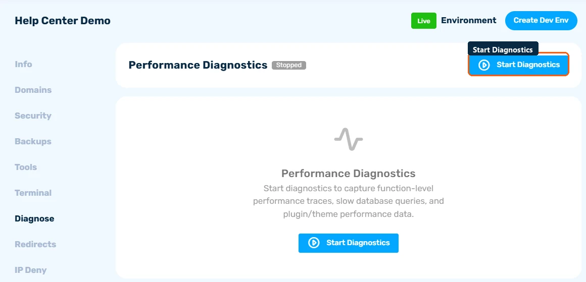 Diagnose tab in its stopped state with the Start Diagnostics button highlighted