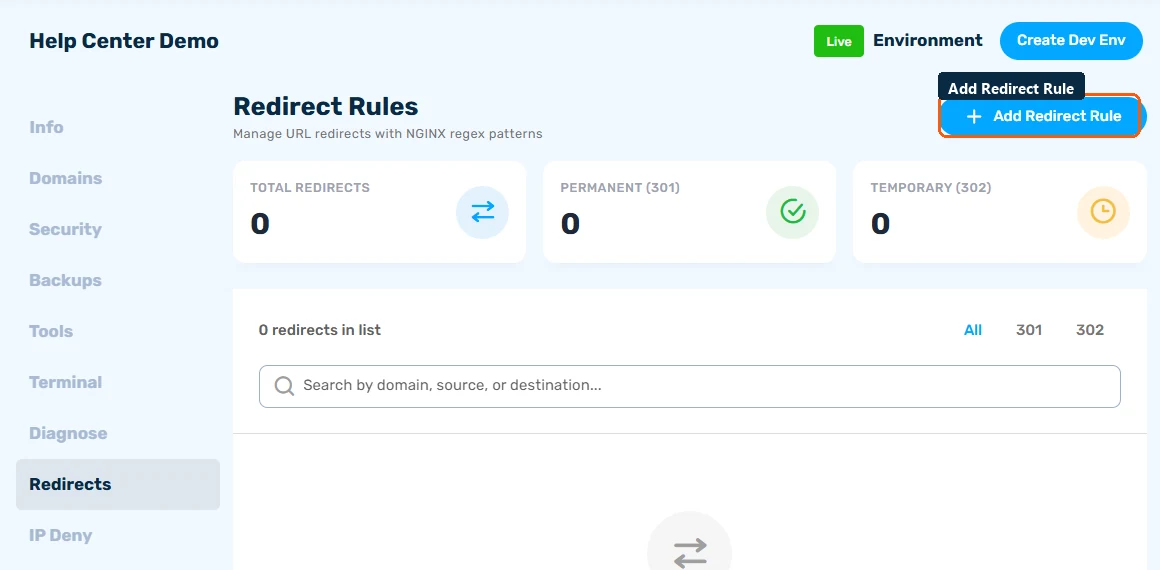 Redirect Rules tab showing total/permanent/temporary counters and the Add Redirect Rule button