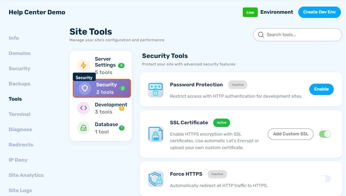 Tools tab Security category showing Password Protection, SSL Certificate, and Force HTTPS cards