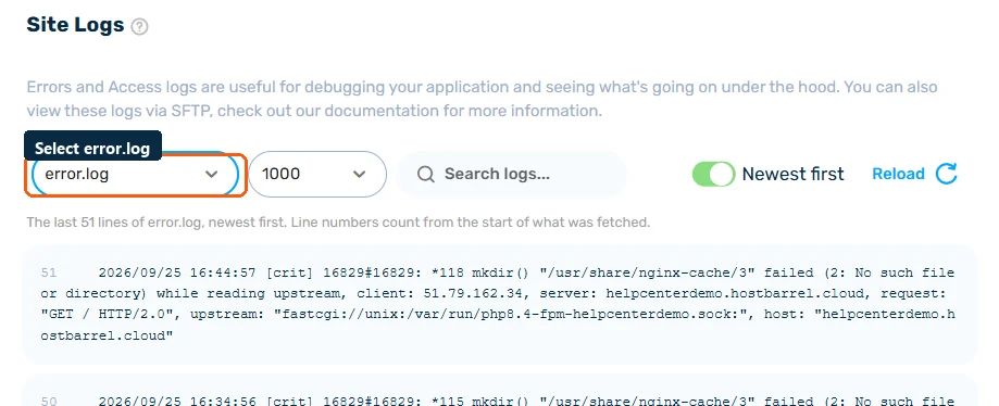 Site Logs tab with error.log selected, showing real nginx error entries with timestamps