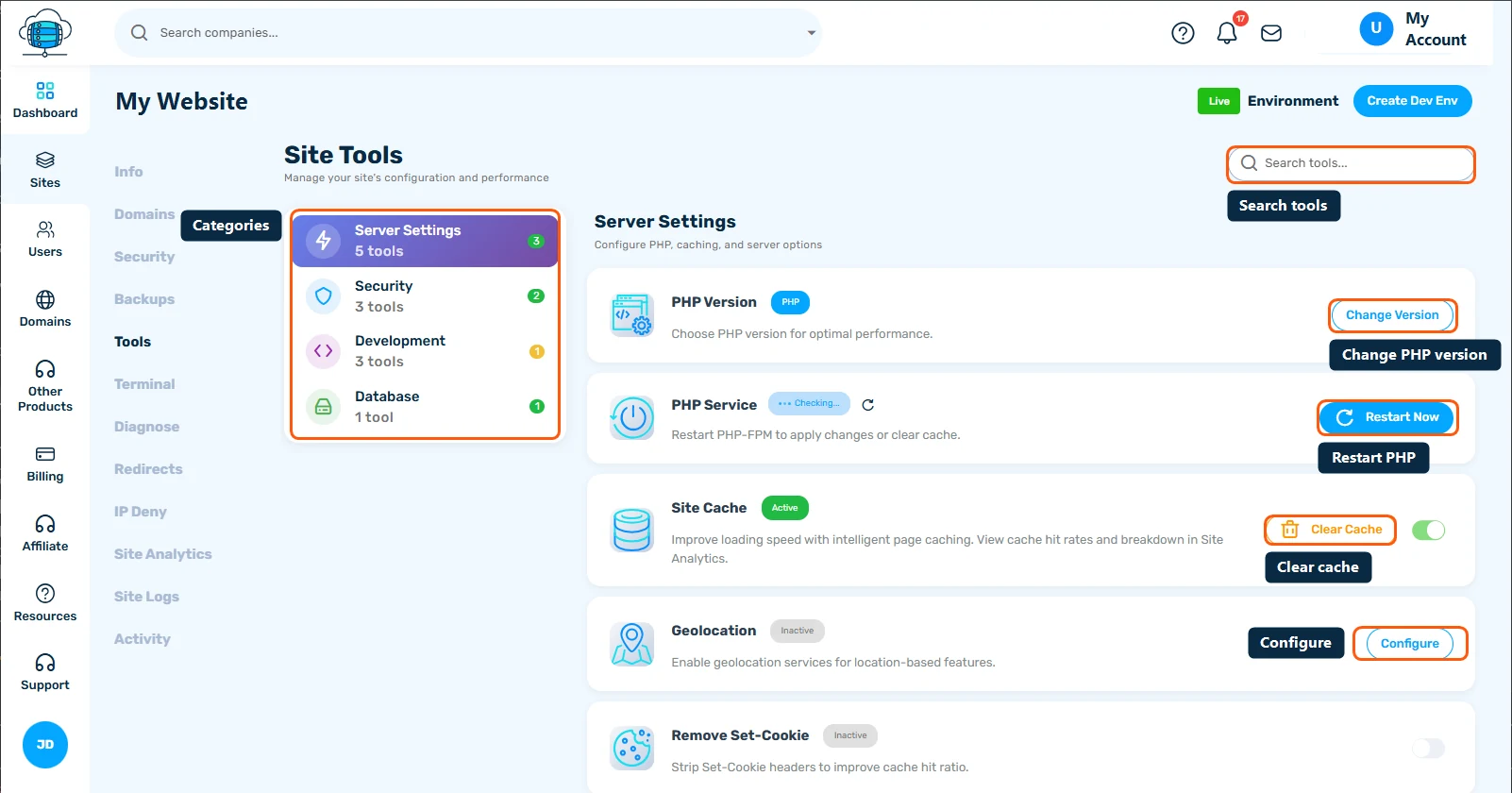Site Tools tab showing Server Settings category with the Site Cache toggle