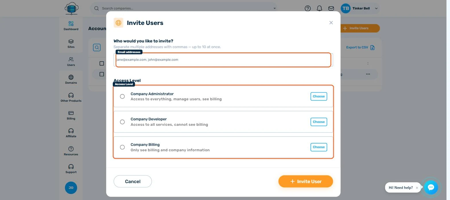 Invite Users modal with an email field and three access levels: Company Administrator, Company Developer, and Company Billing