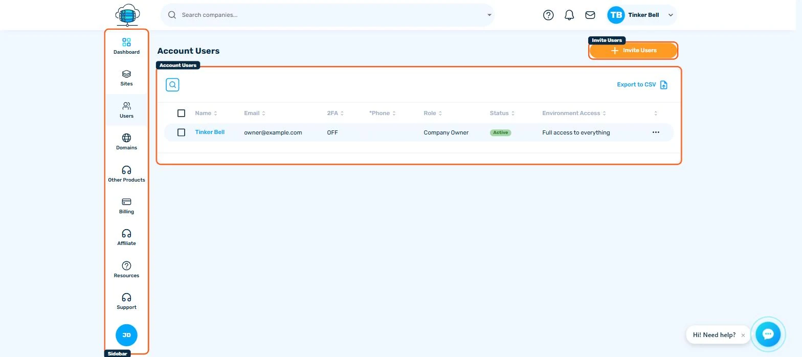 Account Users page showing a user row with name, email, 2FA status, role, Active status, and full environment access